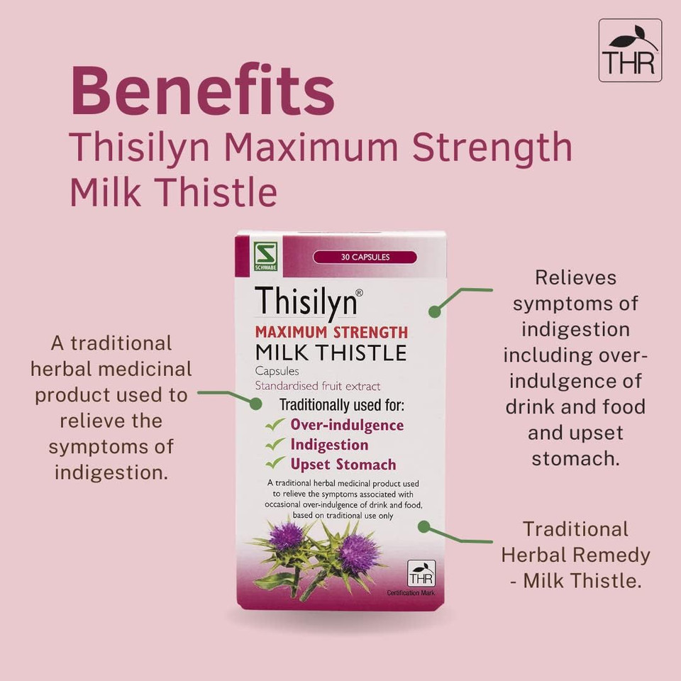 Schwabe High Strength Milk Thistle - Thisilyn Maximum Strength - Traditionally Used for Relief of Overindulgence, Indigestion, Upset Stomach - Traditional Herbal Medicinal Product - 30 Capsules
