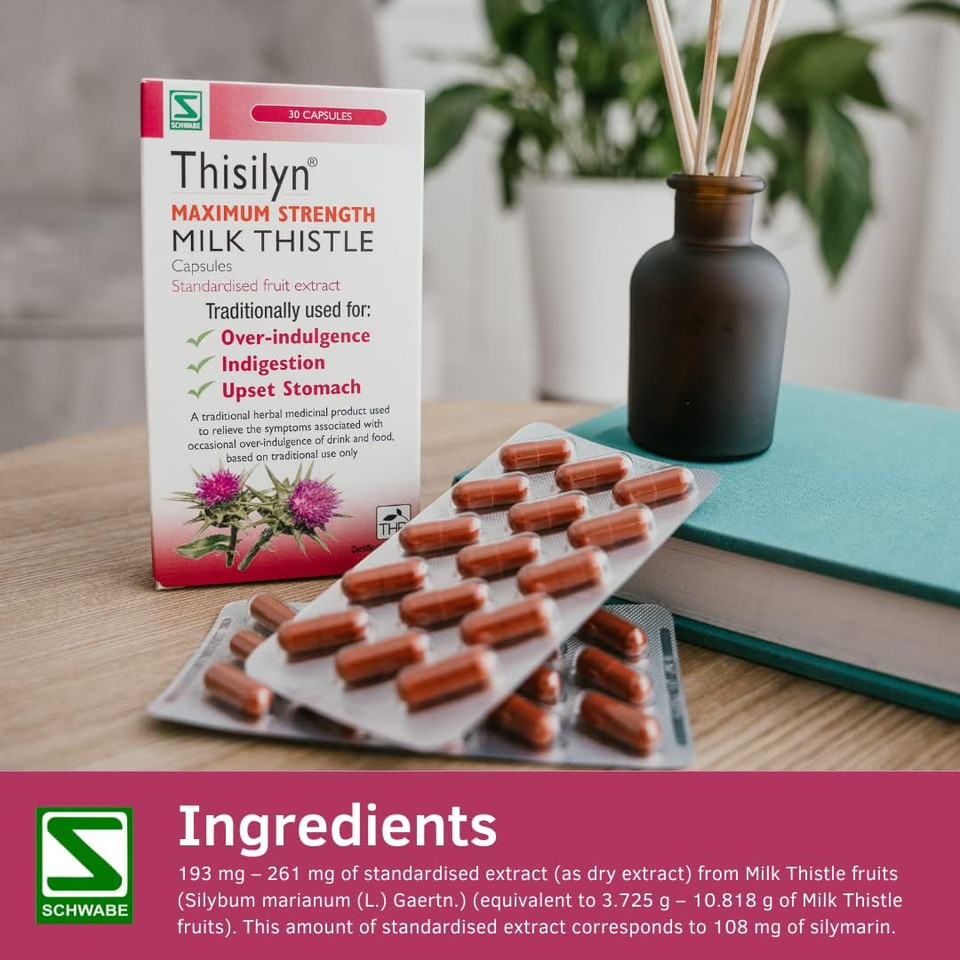 Schwabe High Strength Milk Thistle - Thisilyn Maximum Strength - Traditionally Used for Relief of Overindulgence, Indigestion, Upset Stomach - Traditional Herbal Medicinal Product - 30 Capsules
