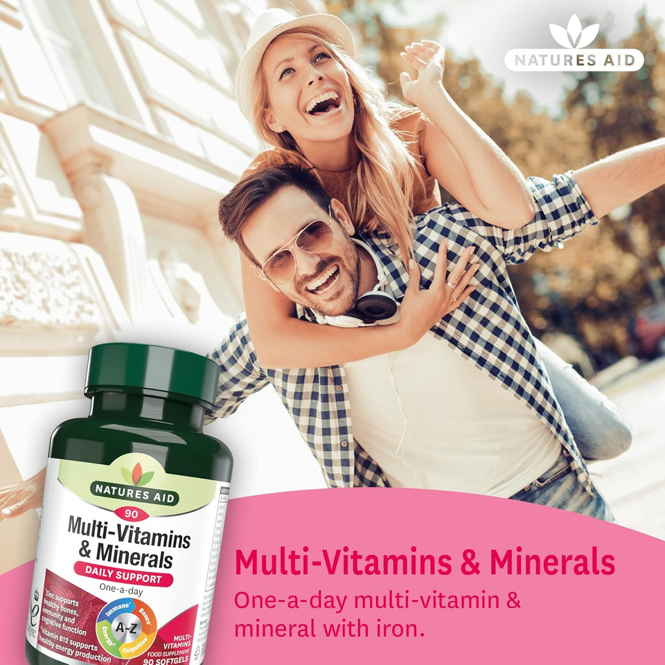 Natures Aid Multivitamins & Minerals with Iron  High Strength One-a-Day Multi-vitamin Formula  Supports Energy, Immunity & Bone Health  Non-GMO, Gluten-Free  90 Easy-Swallow Softgel Capsules