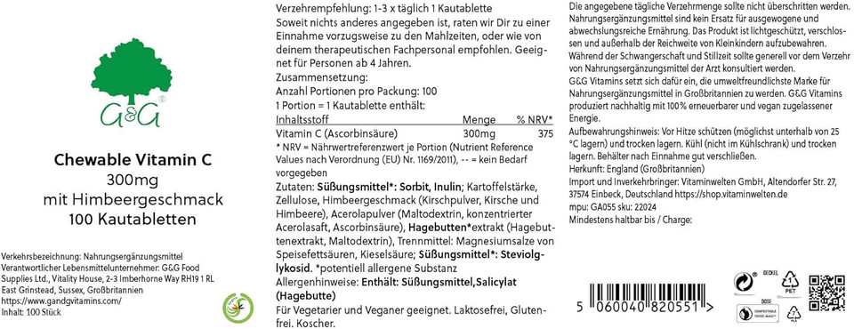 Chewable Vitamin C Tablets | 300mg of Vitamin C per Raspberry Flavoured Tablet | 100 Tablets | G&G Vitamins