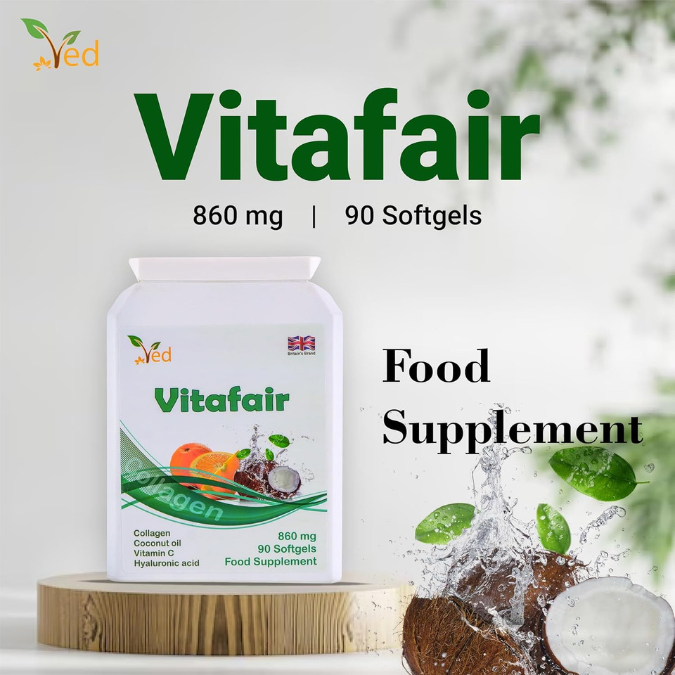 Vitafair Collagen Plus Coconut Oil, Vitamin C, hyaluronic Acid, 860 Mg 90 Vitafair Blend of Collagen, Coconut Oil, Vitamin C& Hyaluronic Acid, Support The Condition of Your Skin, 860 mg 90 Soft Gel