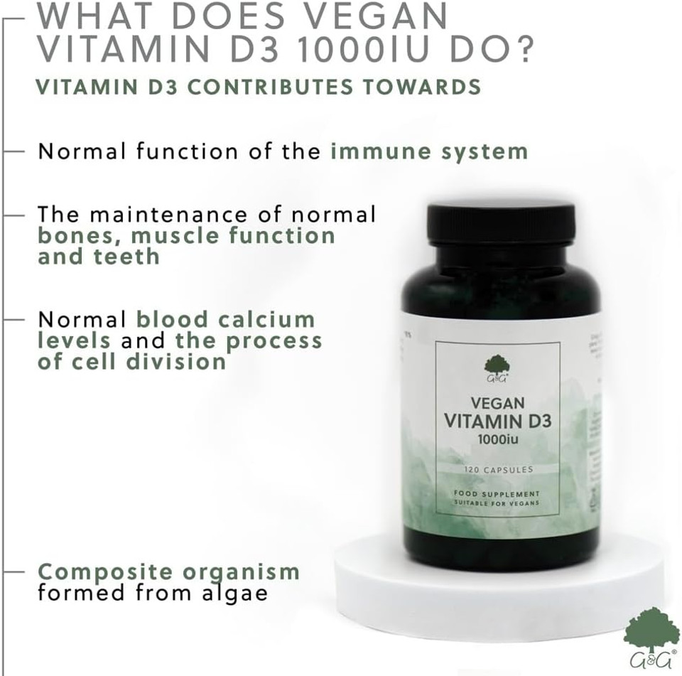 Vegan Vitamin D3 Capsules | 1000iu of Vitamin D3 per Capsule | Plant-Based D3 from Natural Lichen | 120 Capsules | G&G Vitamins