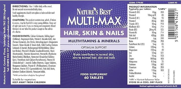 Nature's Best Multi-Max Multivitamin for Hair, Skin & Nails - with Biotin, Selenium & Zinc - Triple Action Support - UK Made - 60 Tablets (2 Months' Supply)
