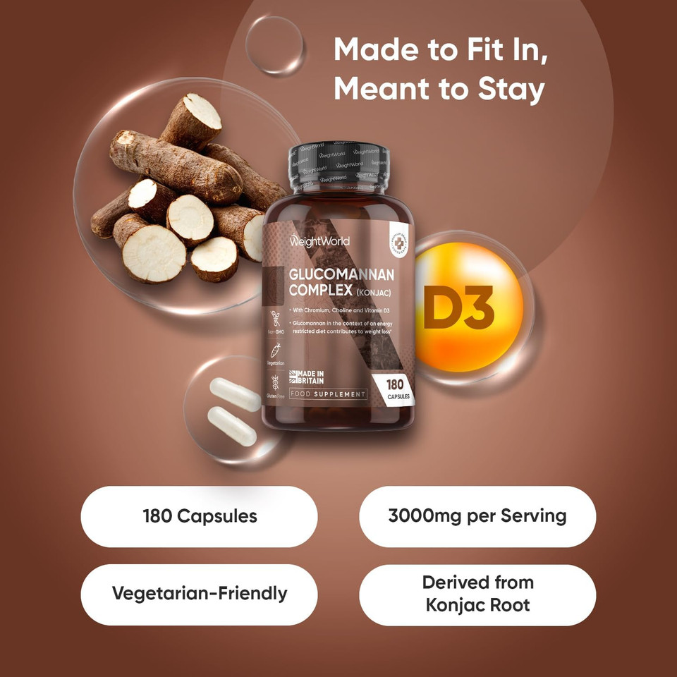 Glucomannan Capsules from Konjac Root - 180 Glucomannan Powder Capsules - With Choline, Chromium, Vitamin D3 & Vitamin B3 - Non-GMO, Gluten-Free & Vegetarian-Friendly - 1 Month Supply - Made in the UK