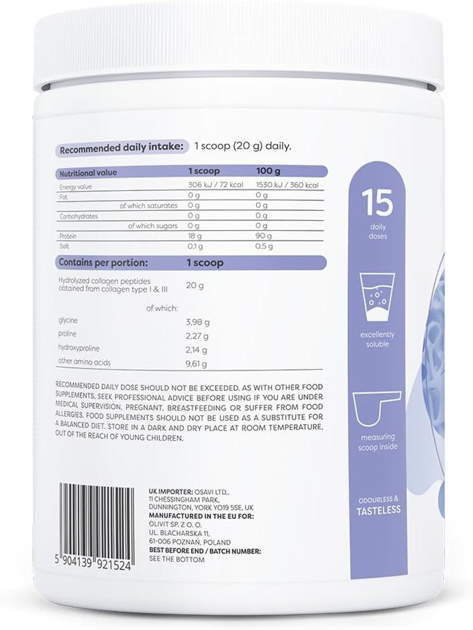 Osavi Collagen Peptides, Hydrolyzed Type 1 & 3  Powder 300g | 20g Collagen per Serving | 18 Amino Acids, Including Glycine, Proline | Supports Muscles and Bones | Neutral Taste | Easily Soluble