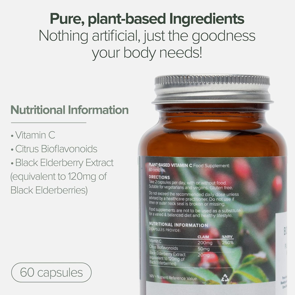 Botanycl Vegan Vitamin C with Bioflavonoids - As Seen on Dragons' Den - 200mg Plant-Based Formula - 60 Capsules - 1 Month Supply - Immune Support, Skin Health, Energy - No Fillers