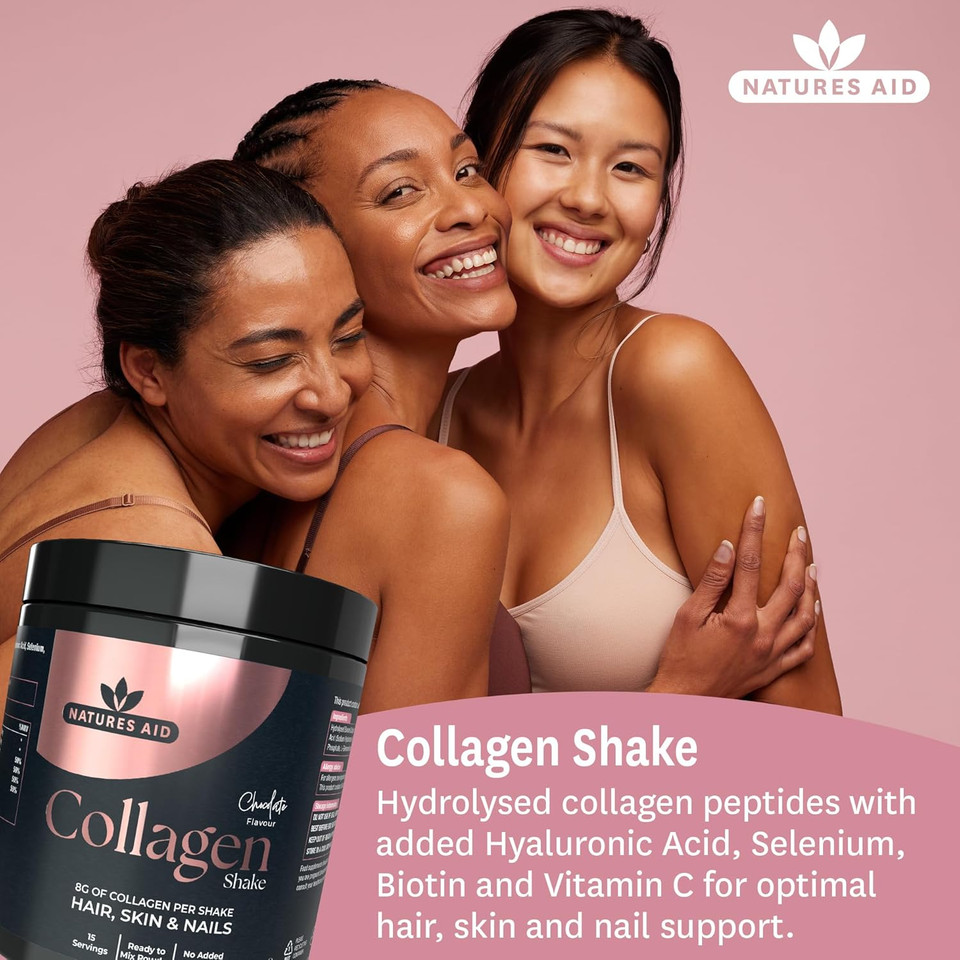 Natures Aid Collagen Shake Powder 8000 mg, Premium High Strength Hydrolysed Bovine Collagen Peptides with Added Hyaluronic Acid Selenium Biotin and Vitamin C, Chocolate, 225 g
