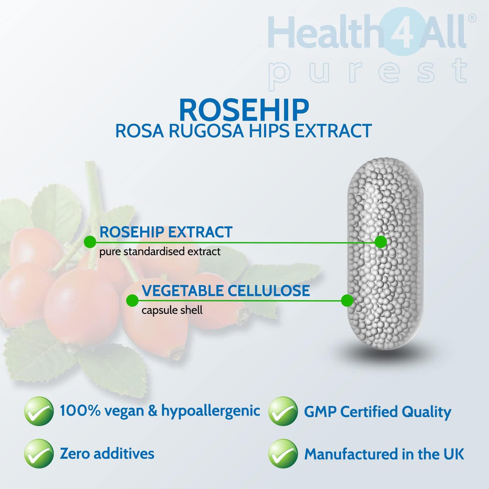 Health4All Rosehip 10000mg per Capsule 120 Capsules (not Tablets) Purest - no additives. 1 a Day Vegan Joint Support Rosehip Supplement