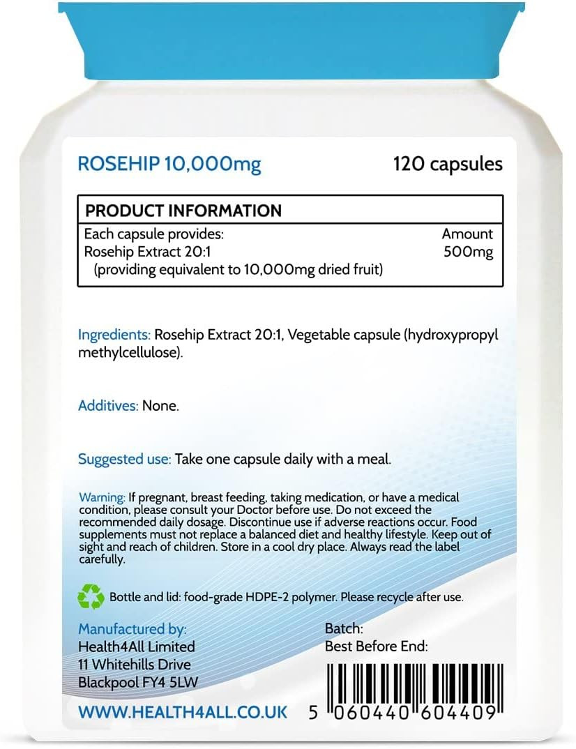 Health4All Rosehip 10000mg per Capsule 120 Capsules (not Tablets) Purest - no additives. 1 a Day Vegan Joint Support Rosehip Supplement