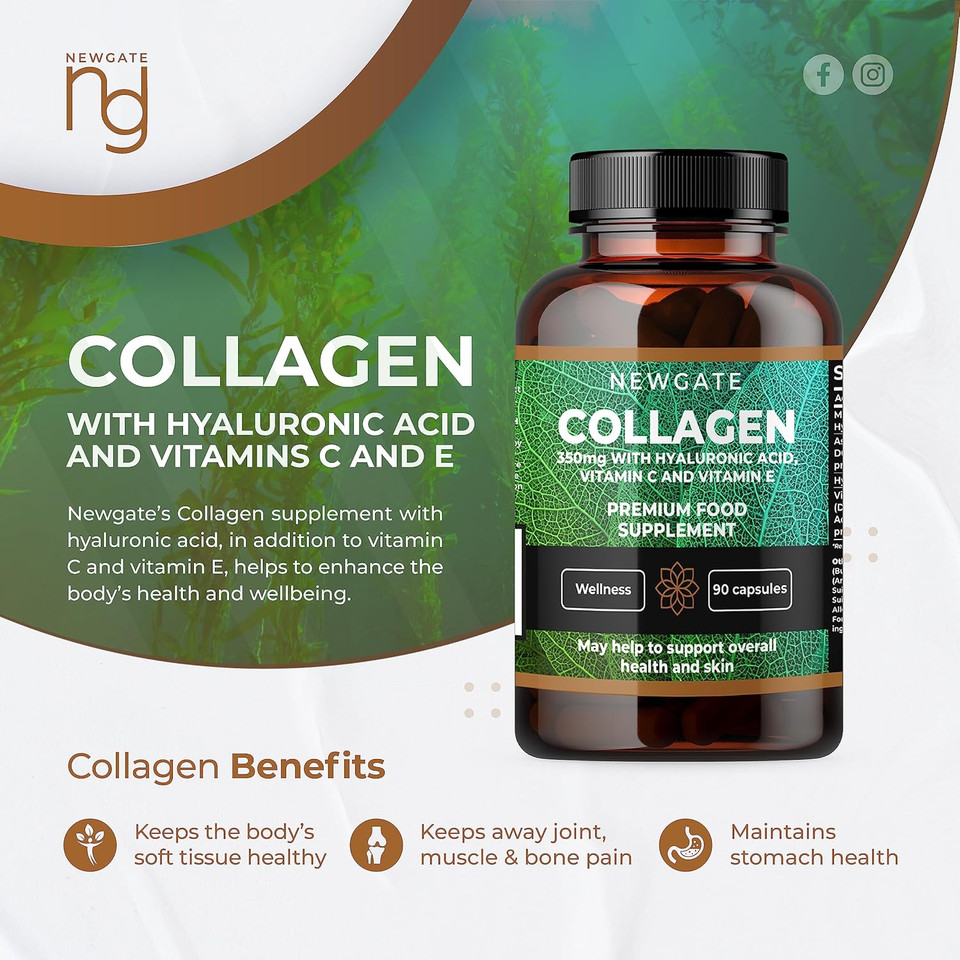 Newgate Labs Marine Collagen 350mg with Hyaluronic Acid, Vitamin C & Vitamin E - 120 High Strength Capsules - GMO Free - Halal - Made in The UK