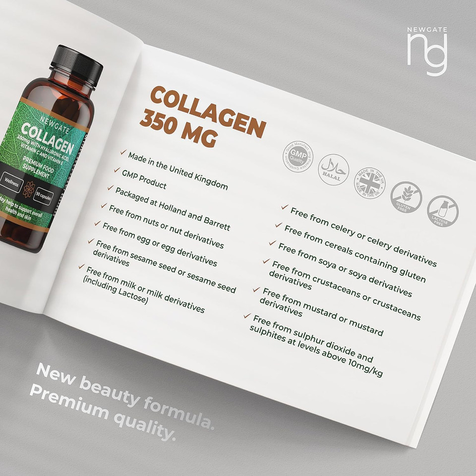 Newgate Labs Marine Collagen 350mg with Hyaluronic Acid, Vitamin C & Vitamin E - 120 High Strength Capsules - GMO Free - Halal - Made in The UK