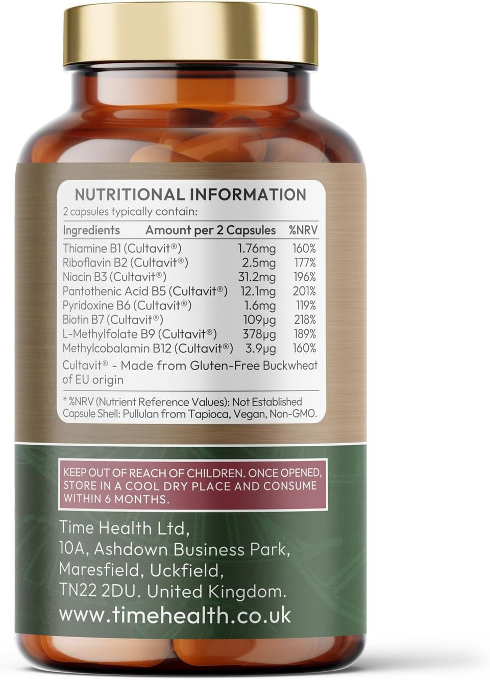 Vitamin B Complex - Whole Food & Plant-Derived - Natural, Non-Synthetic B Vitamins - Highly Bioavailable - Methylated B9 & B12 - Cultavit® - Zero Additives - UK Made - Pullulan (60 Capsule Bottle)