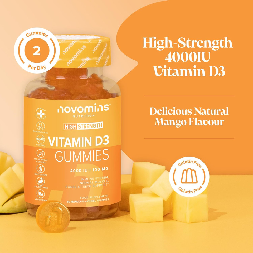 Vitamin D3 4000 IU Gummies - 1 Month Supply of Vitamin D - Vegetarian & Gluten Free Vitamin D3 - Vitamin D Gummies for Bones & Teeth - Alternative to Vitamin D Tablets & Spray - Novomins