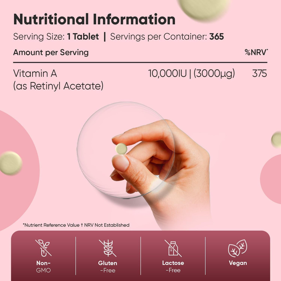 Vitamin A Tablets 10,000IU - 365 Tablets (1 Year Supply) - VIT A as Retinyl Acetate - Vegan & Non-GMO - 3000µg Vitamin A Supplement - Made in The UK