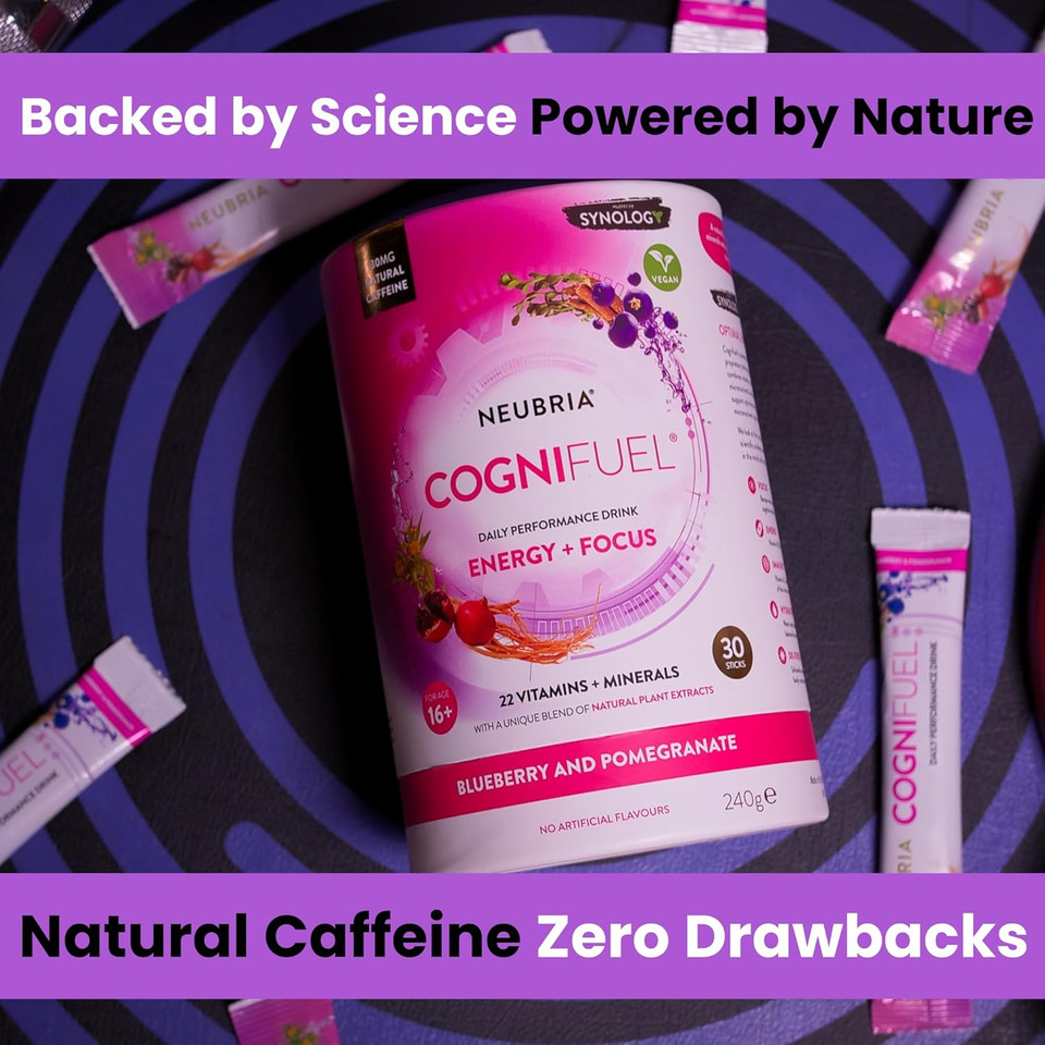 NEUBRIA Cognifuel | 10 Hydration Sachets, Gym & Workout Energy Drink with Electrolytes, Caffeine, L-Theanine, Choline, L-Tyrosine & Vitamins, Improves Cognition, Focus, Blueberry & Pomegranate
