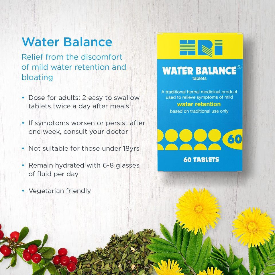 HRI Water Balance 60 Tablets - to Relieve Symptoms of Mild Water Retention. with Dandelion Root, Uva Ursi and Buchu Leaf Extract. 3 Pack