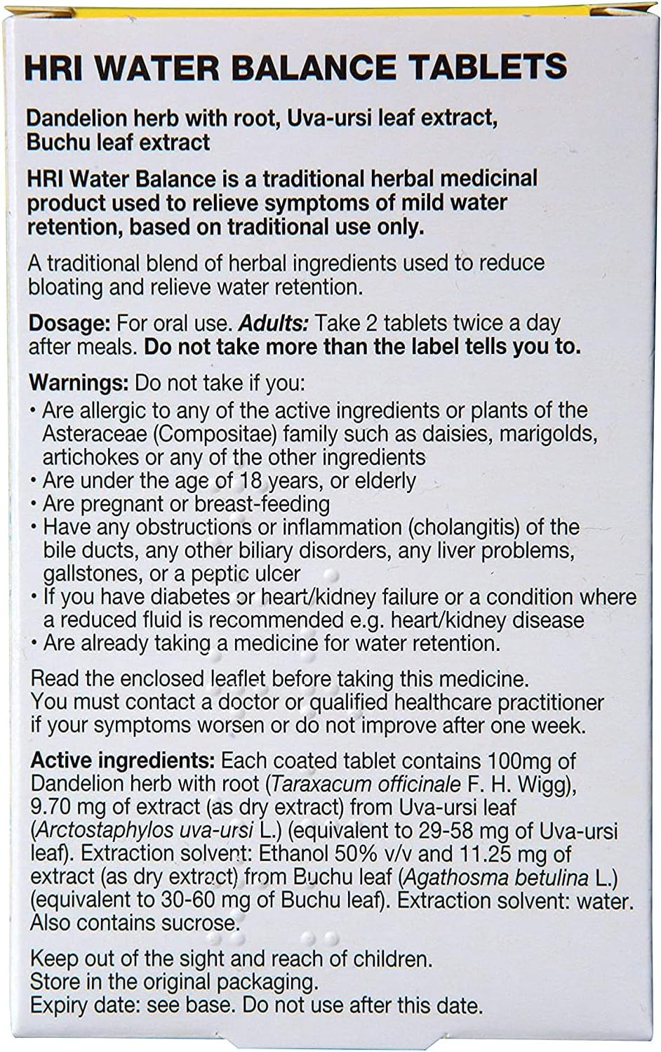 HRI Water Balance 60 Tablets - to Relieve Symptoms of Mild Water Retention. with Dandelion Root, Uva Ursi and Buchu Leaf Extract. 3 Pack