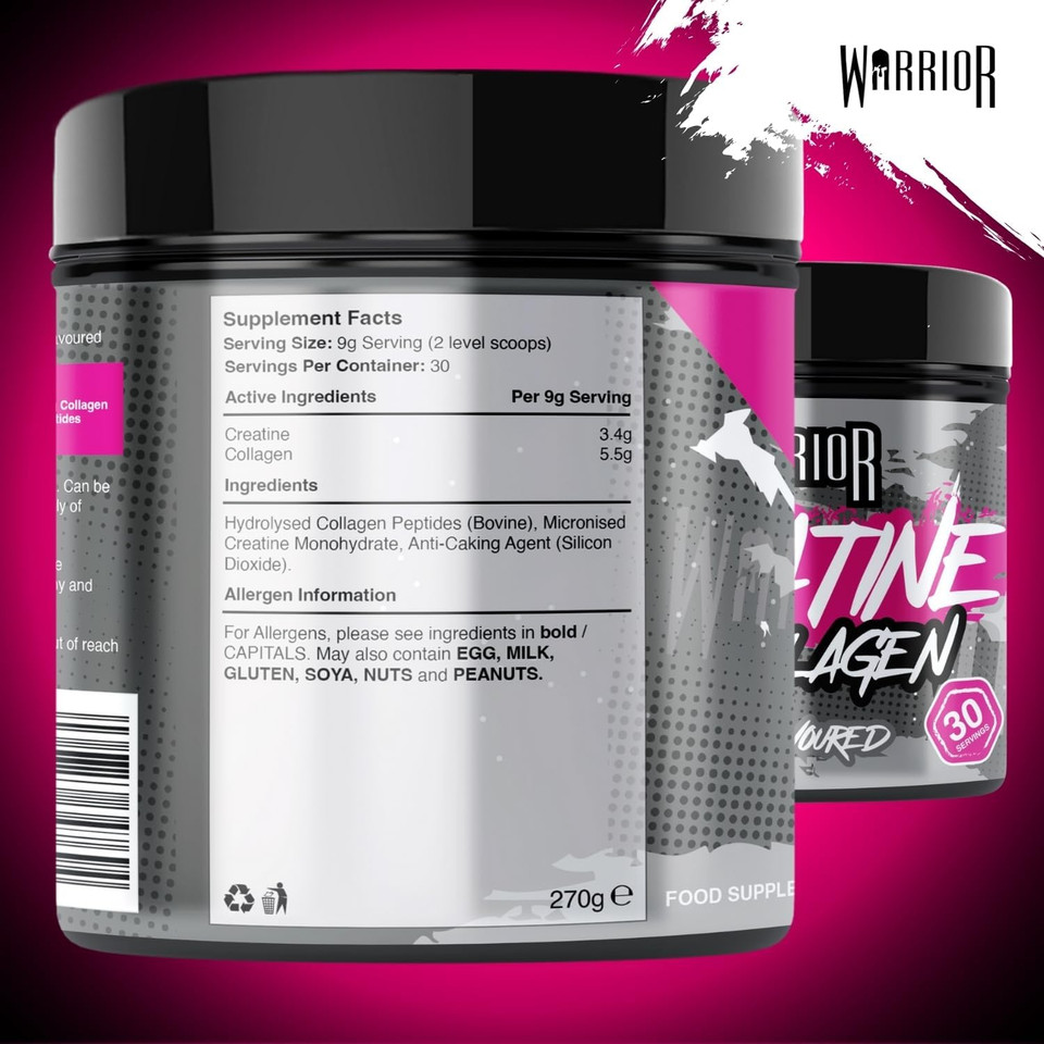 Warrior Creatine Monohydrate + Collagen Powder 270g - Pure Hydrolysed Peptides (Bovine) - Supports Muscle Recovery - Workout Supplement for Women and Men (not Tablet) - 30 Servings (Mixed Berry)