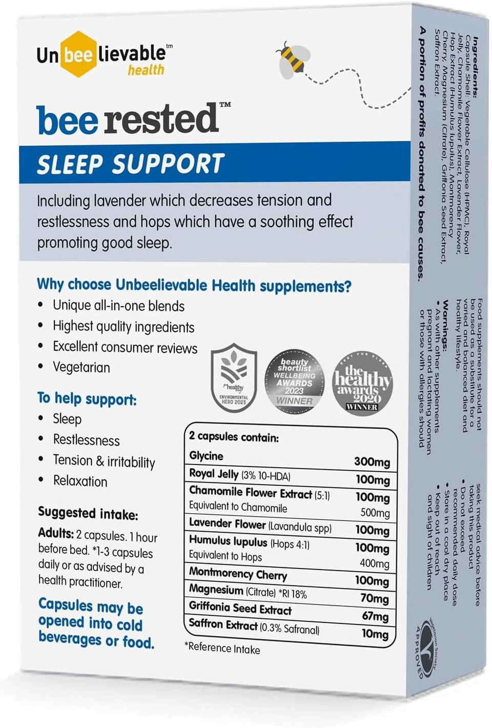 Unbeelievable Health Bee Rested Sleep Support Supplement - Created by Nutritional Experts - Therapeutic Ingredients Include Royal Jelly, Saffron, Chamomile & Lavender