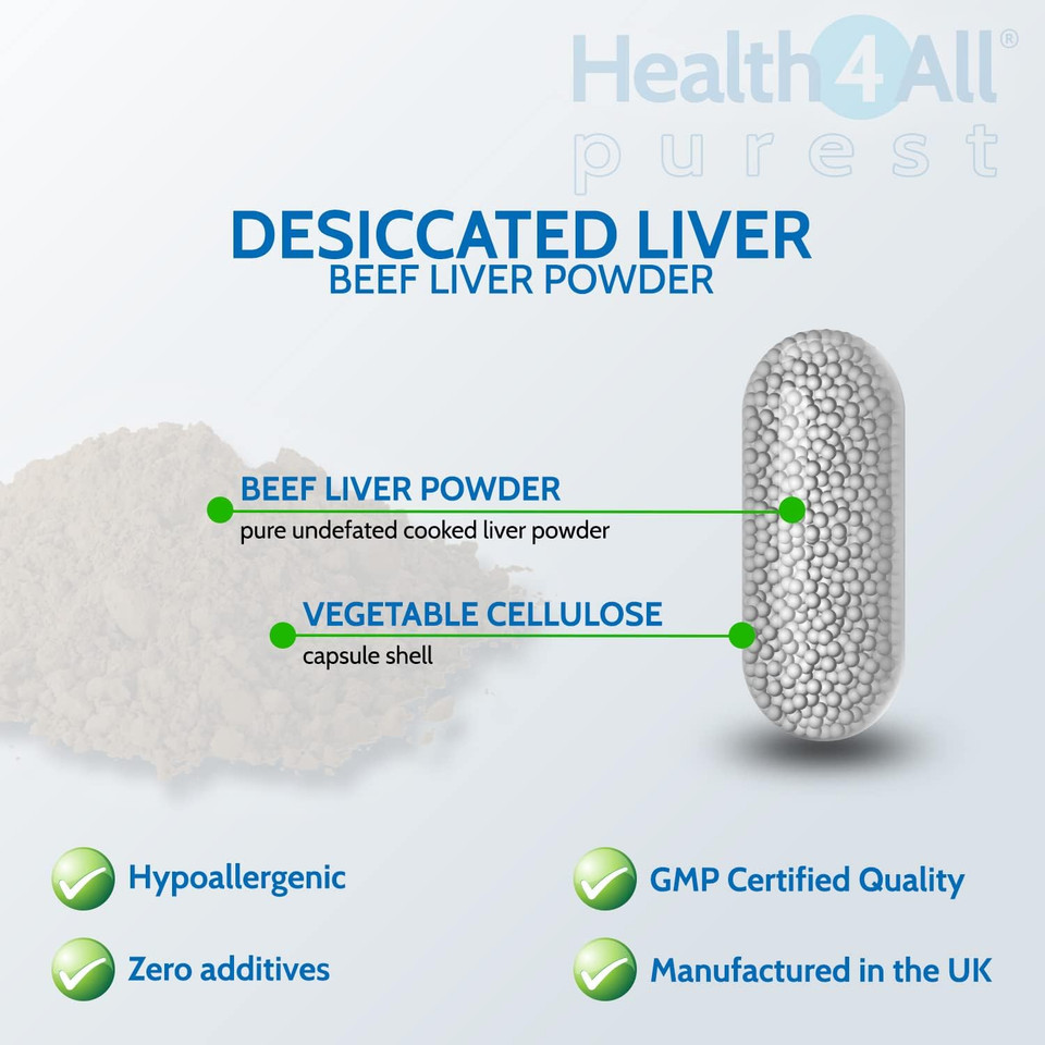 Health4All Desiccated Beef Liver Supplement 750mg per Capsule 120 Capsules, Un-defatted to Provide Full Absorption of Naturally Occurring Vitamins and Minerals Found in Beef Liver | Made in The UK Health4All Desiccated Beef Liver Supplement 750mg per Capsule 120 Capsules, Un-defatted to Provide Full Absorption of Naturally Occurring Vitamins and Minerals Found in Beef Liver | Made in The UK