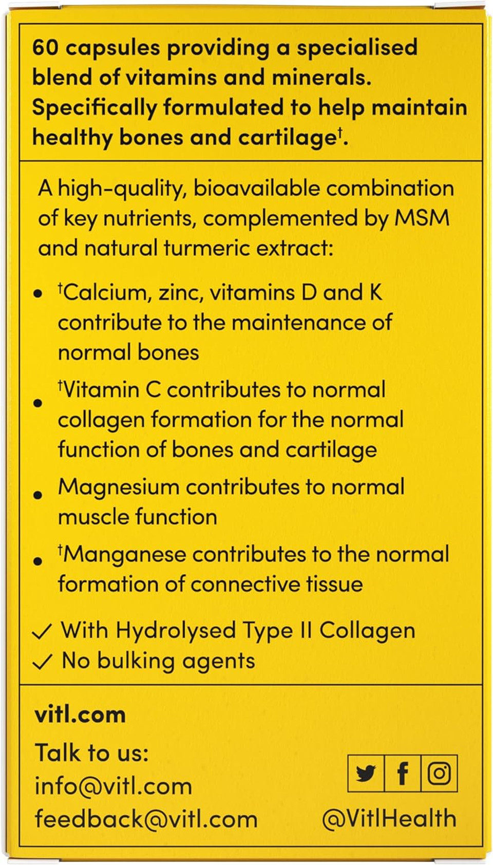 Vitl Bone & Joint Supplement - 60 Capsules - with Calcium, Manganese, Hydrolysed Type II Collagen & Turmeric - Maintenance for Joints, Bones & Cartilage - Support Mobility & Flexibility
