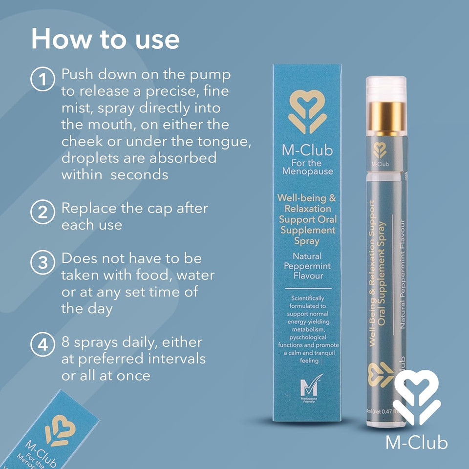 M-Club Wellbeing & Relaxation Oral Supplement Spray 14ml  Fast-Absorbing B Vitamins & Magnesium, Menopause, Energy & Mood  Vegan, Non-GMO, No Additives, Peppermint Flavour - 30-Day Supply
