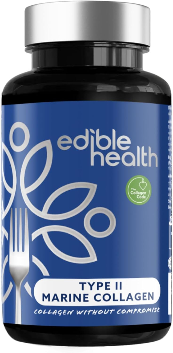 Edible Health Hydrolysed Type II Marine Collagen Capsules  1025mg Type II Collagen with Hyaluronic Acid & Vitamin C, High-Strength Skin & Joint Health Supplement for Women & Men  60 Capsules