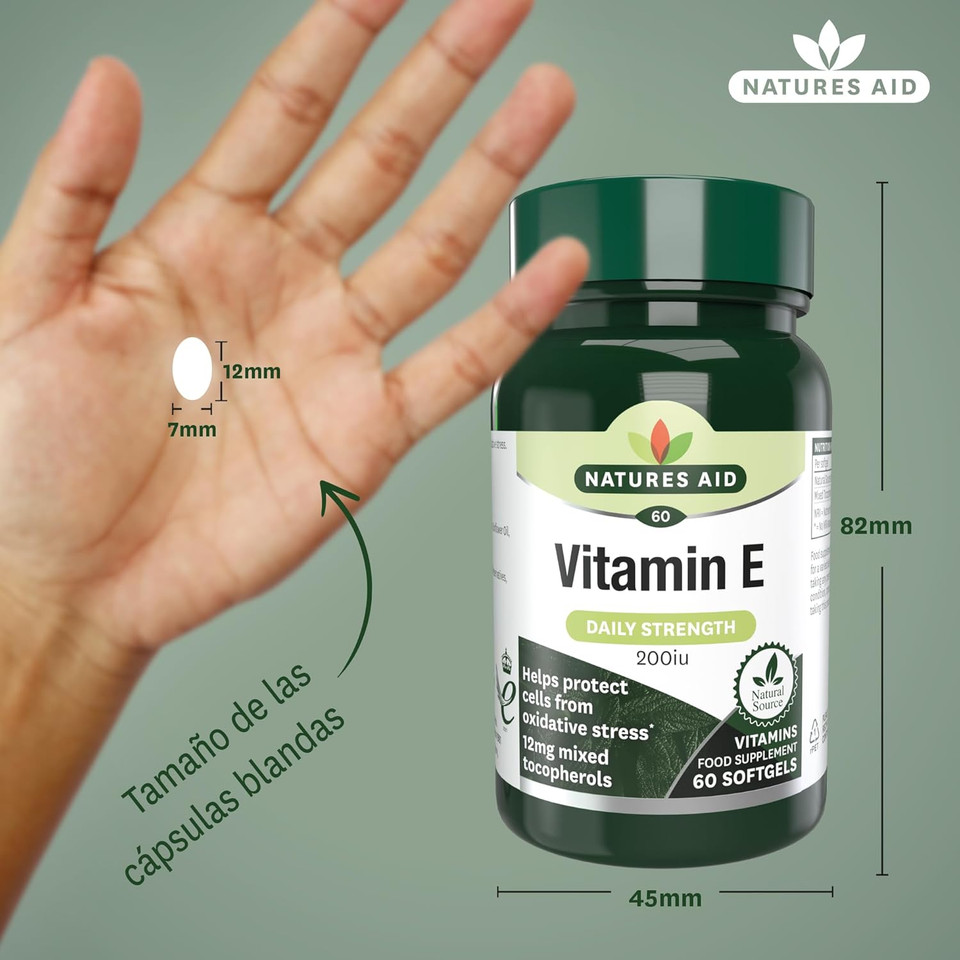 Natures Aid Vitamin E 200iu Softgels - Natural Antioxidant - Supports Skin, Immune & Heart Health - Protects Cells from Oxidative Stress - Non-GMO, Gluten-Free - High Potency - 60 Softgel Capsules