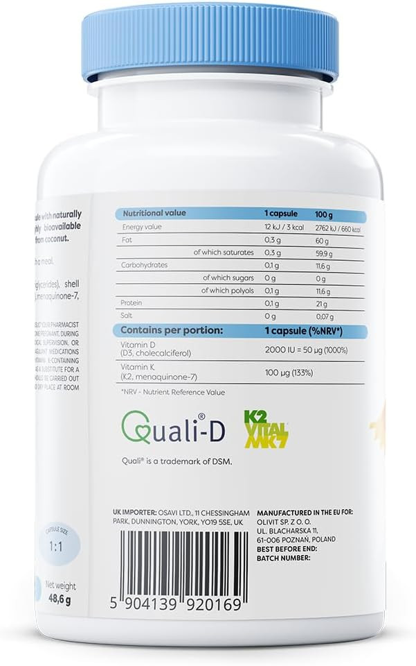 Osavi Vitamin D3 + K2, 2000 IU + 100 µg  120 Softgels | Supports Bone, Teeth & Immune Health | with Quali®D & K2VITAL® for High Absorption | MCT OilBased Formula
