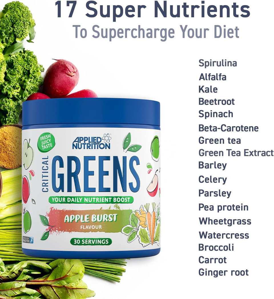Applied Nutrition Critical Greens Powder and Superfood Blend for Gut Health Energy and Immune Support Vegan Daily Greens Juice Powder (250g - 50 Servings)
