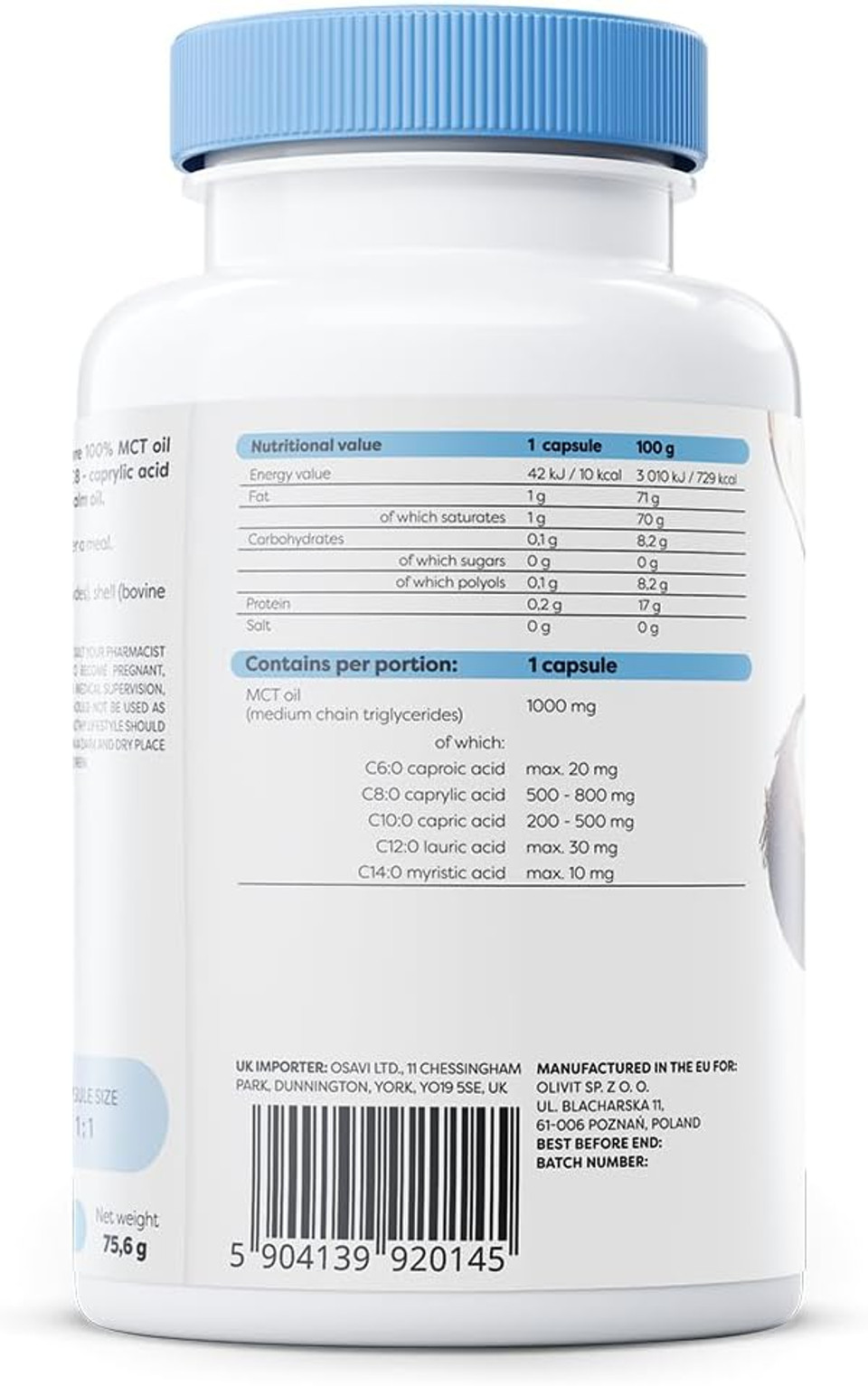 Osavi MCT Oil 1000mg  120 Softgels | High Concentration of Caprylic (C8) and Capric (C10) Acids | 100% Coconut Oil, Palm Oil Free | EcoFriendly BioPET Packaging