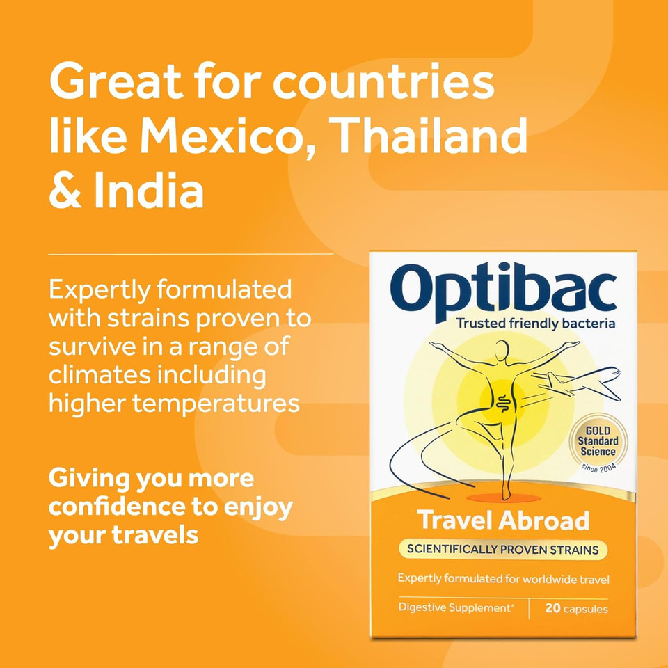 Optibac Probiotics Travel Abroad - Highly Researched Vegan Digestive Probiotic Supplement - Expertly Formulated for Travel & A Range of Climate Conditions - with Saccharomyces Boulardii - 20 Capsules