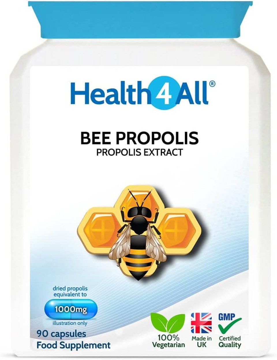 Health4All Bee Propolis 1000mg per Capsule 180 Capsules, High Strength Immune System Booster, Natural Immune Support Supplement (not Tablets) | Made in UK