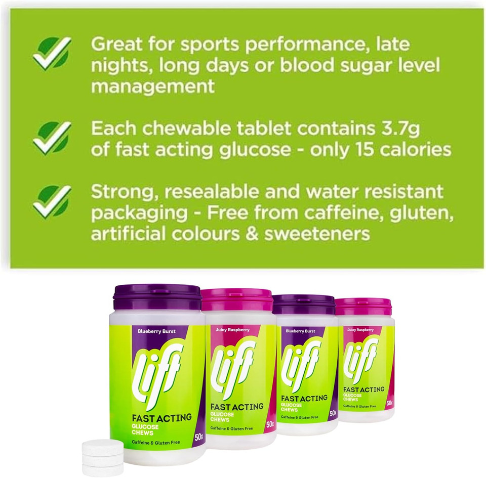 Lift Fast-Acting Glucose Chewable Energy Tablets, Mixed Raspberry and Blueberry, 4 Pack of 50-Tablet Tubs