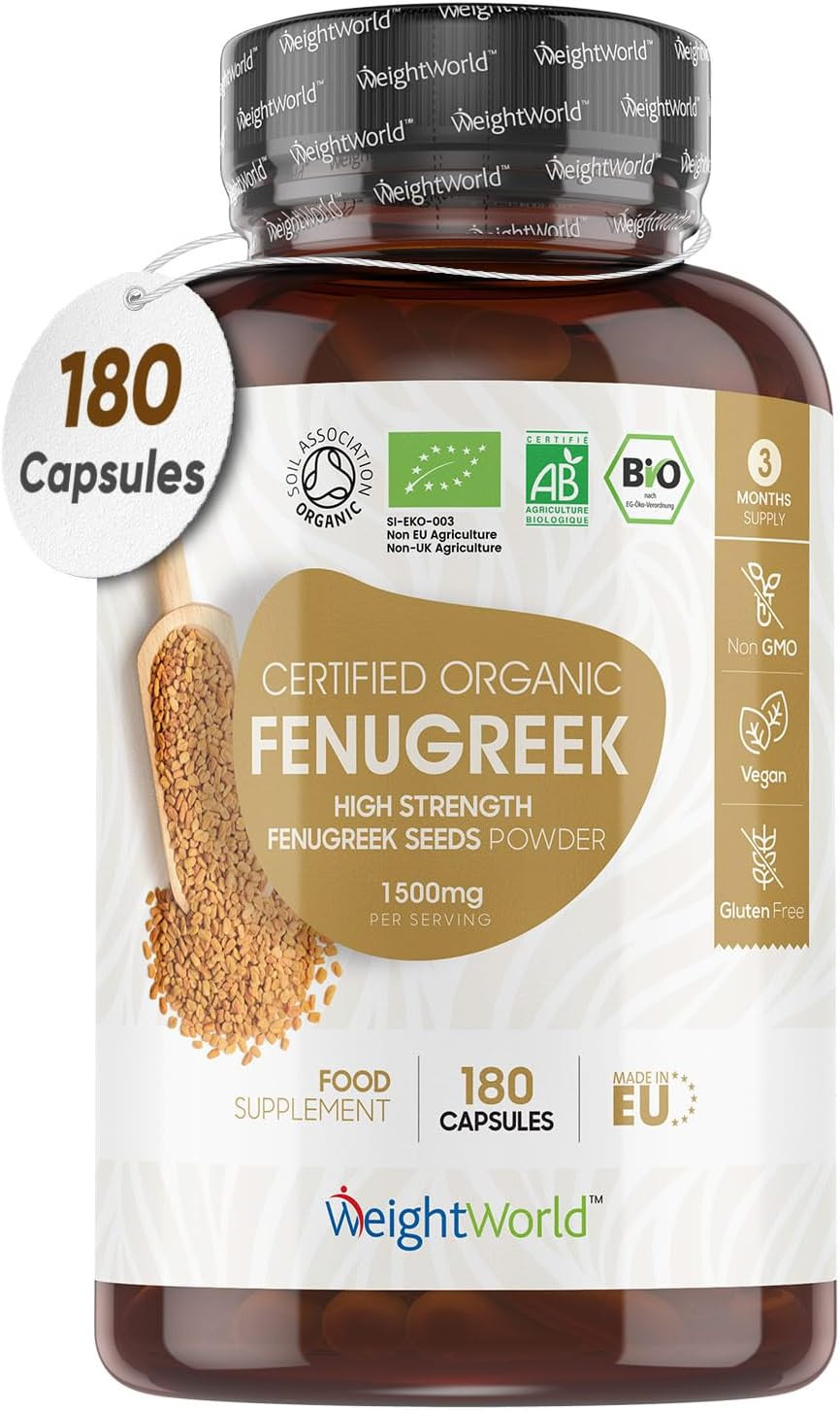 Organic Fenugreek Capsules - 2250mg Per 3 Capsules - 180 Pills - 100% Pure Fenugreek Powder - Soil Association Certified - Rich in Vitamins & Calcium - Vegan Fenugreek Supplement for Women & Men