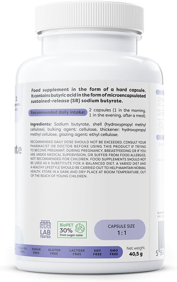 Osavi Sodium Butyrate SR 960 mg  60 Vegan Capsules | Microencapsulated SustainedRelease Sodium Butyrate | High Butyric Acid Content | Tasteless & Odourless | Vegan, GlutenFree, SoyFree, GMOFree