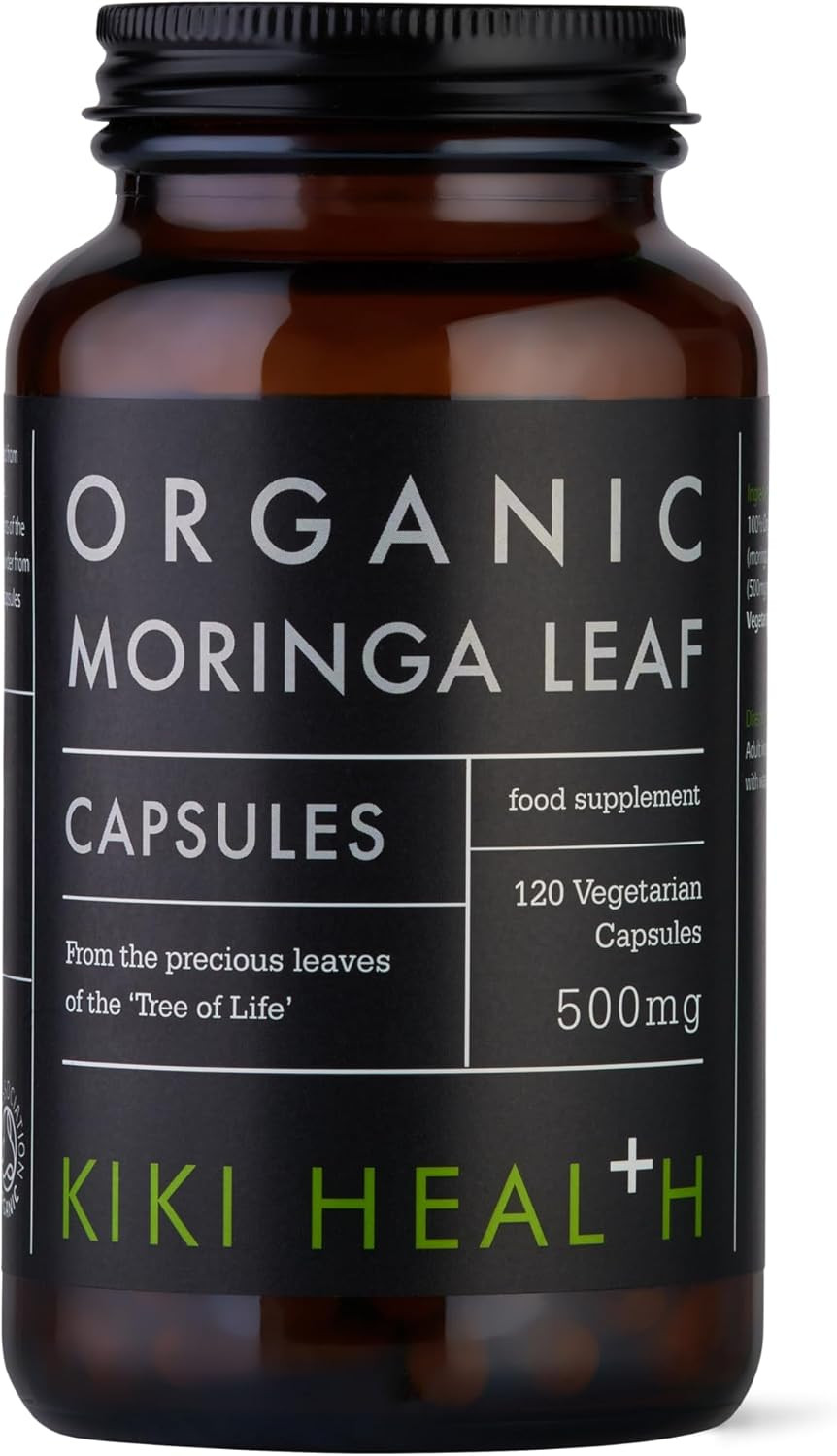 KIKI Health - Organic Moringa Leaf Capsules 500mg - Made from 100% Organic Moringa - No Artificial Colours, Preservatives, Sweeteners or Fillers - Suitable for Vegans - 120 Capsules