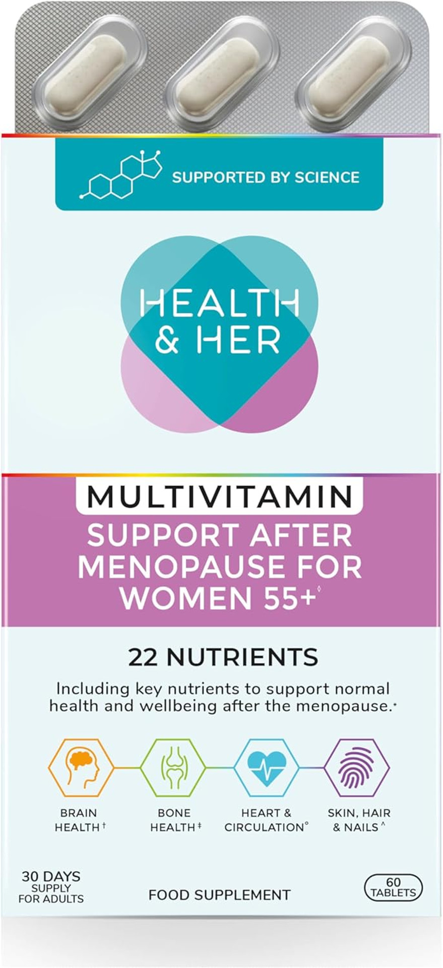 Health & Her Multivitamin Support After Menopause for Women 55+ - Supplements for Women - Nutrition and Wellbeing Support - 1 Month Supply, 60 Tablets - Vegan & Gluten Free