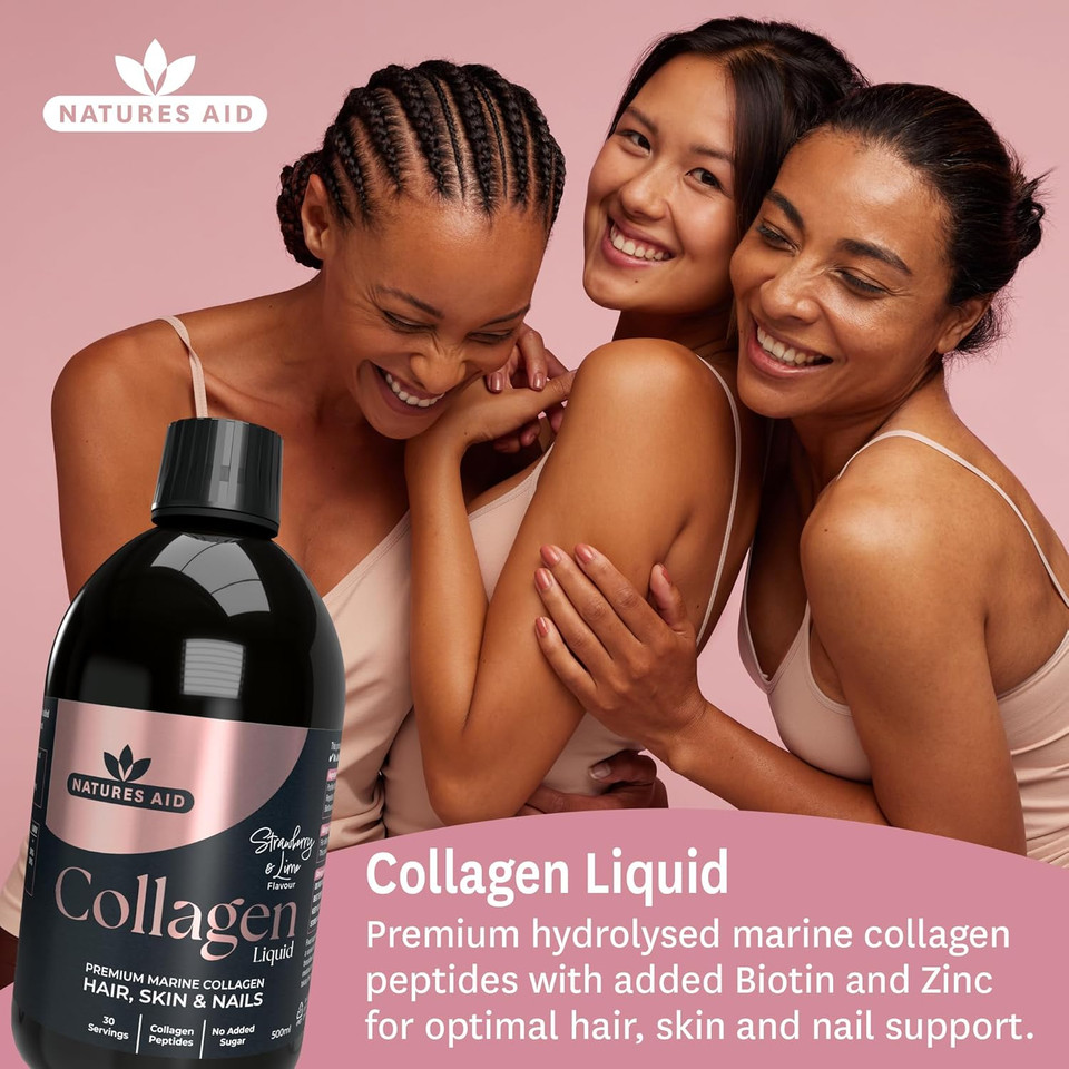 Natures Aid Marine Collagen Liquid 5000 mg, Premium High Strength Hydrolysed Type 1 Collagen Peptides with Added Biotin Zinc for Hair Skin Nail and Joint Support, Strawberry Lime 500 ml