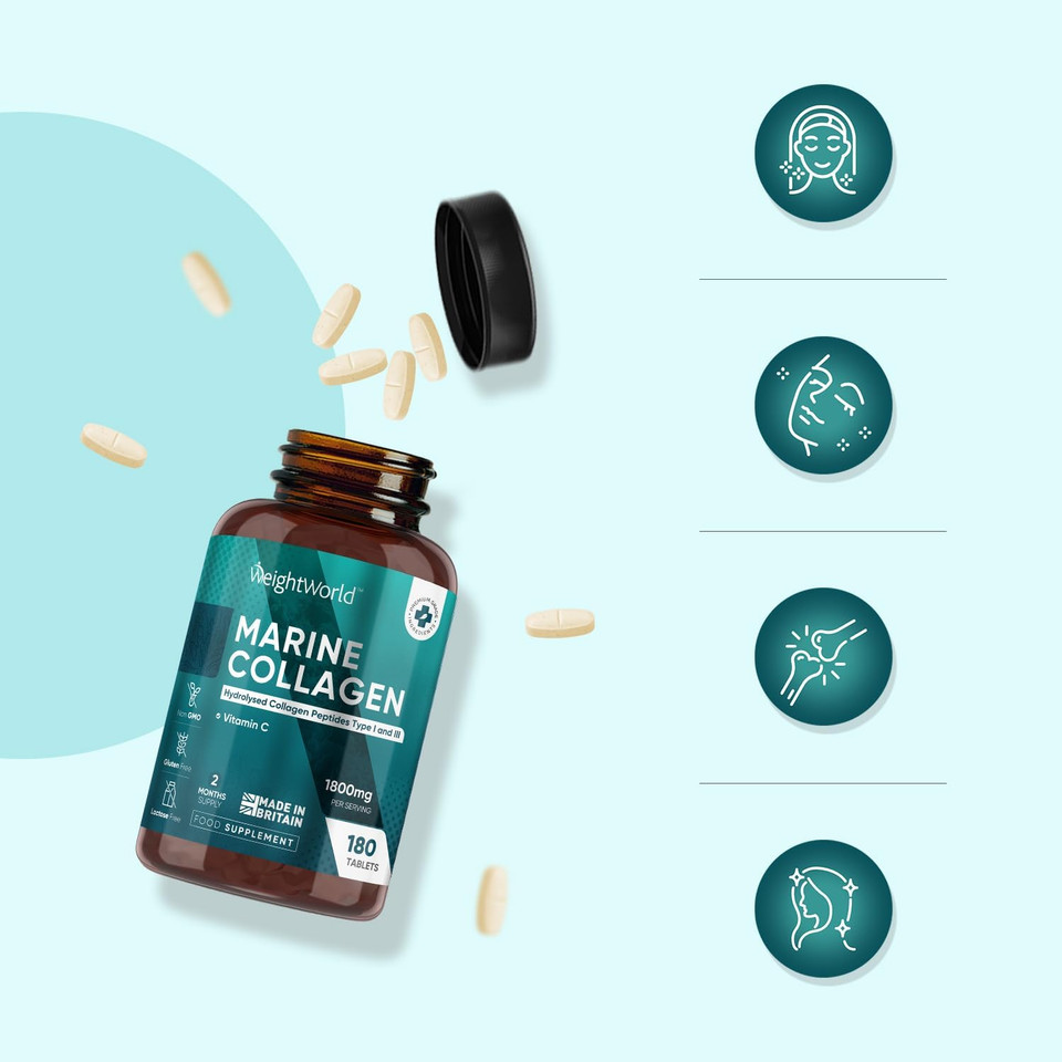 Hydrolysed Marine Collagen Tablets 1800mg - Collagen Supplements for Women & Men - 180 Tablets - with Type 1 & 3 Peptides & Vitamin C - Made in The UK