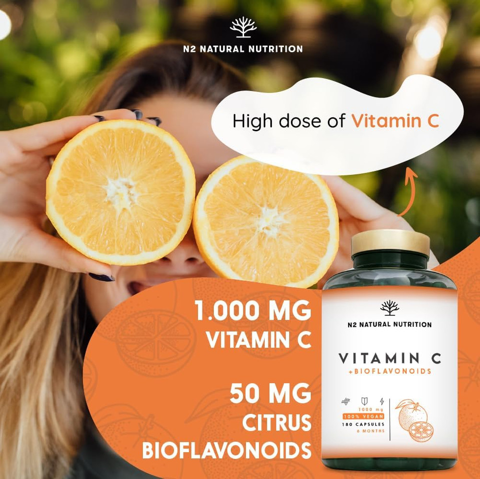Vitamin C Tablets 1000mg High Dose + Bioflavonoids - High Strength Natural VIT C Complex Adults Ascorbic Acid - Immune Support. 180 Capsules. N2 Natural nutrition