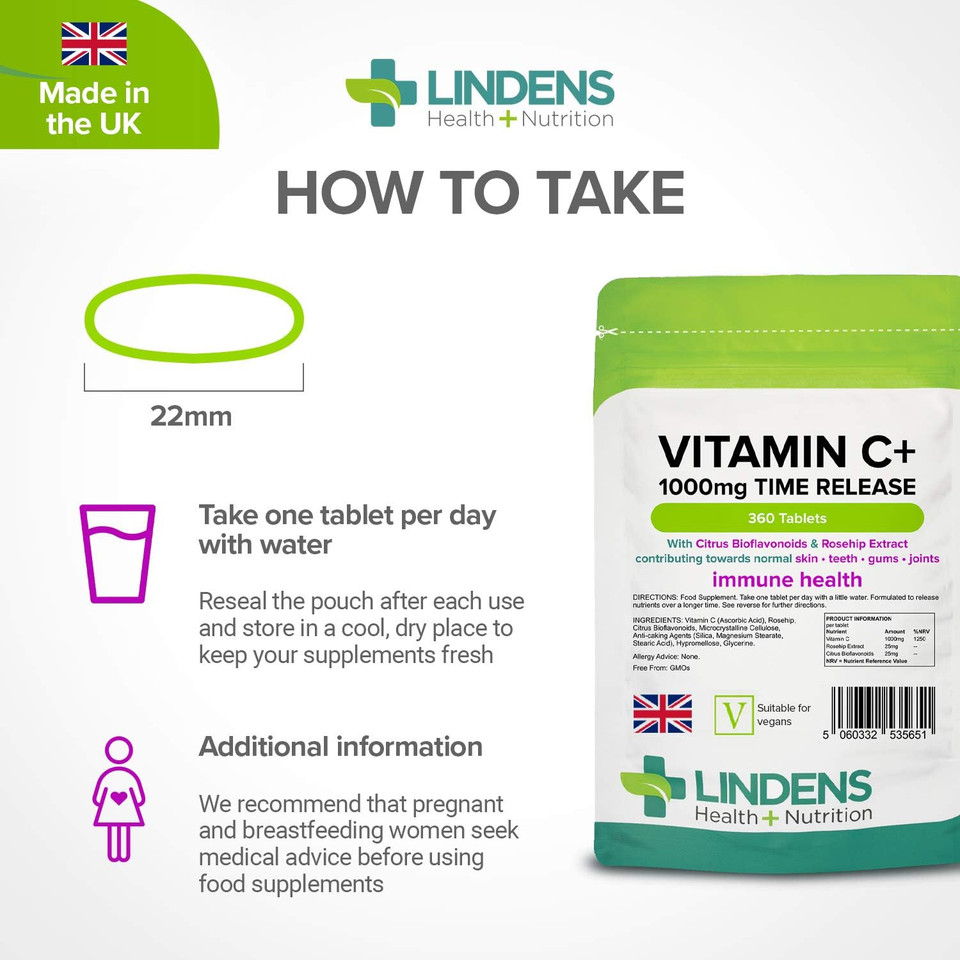 Lindens - Vitamin C+ 1000mg Time Release, 360 Tablets - 1 a Day, UK Made - Skin, Teeth, Joints and Immune Health, Combats Tiredness and Fatigue - Vegan