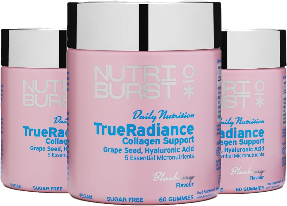 Nutriburst - TrueRadiance Collagen Support Multipack for Healthy Hair, Skin & Nails - Biotin (100µg), Hyaluronic Acid (50mg), Vitamin A (400µg) + Vitamin C (80mg) - 3 x 60 Gummies / 3 Month Supply