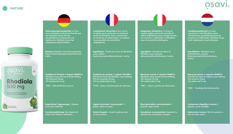 Osavi Rhodiola 500 mg  60 Vegan Capsules | Standardized Rhodiola Rosea Root Extract | Supports Mental & Physical Wellbeing | Supports The Reduction of Fatigue and Stress