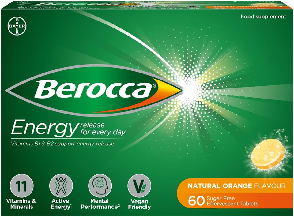 Berocca Energy Effervescent Tablets including B vitamins, Magnesium & Zinc - Vitamin C - Support energy release & immune system* - 60 Tablets - Orange Flavour