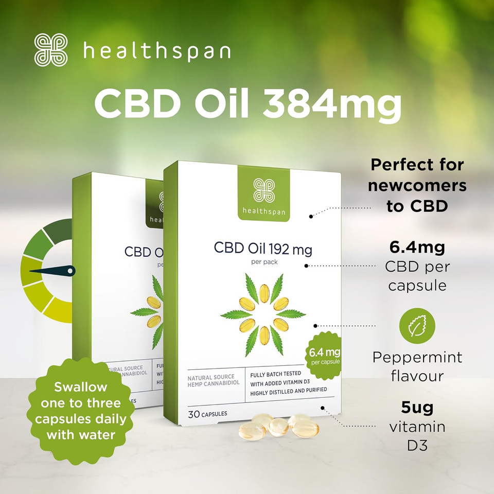 Healthspan 384mg CBD Oil Capsules | 60 Capsules | Added Vitamin D3, 30 Count (Pack of 2)