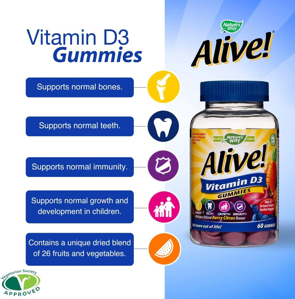 Alive! Vitamin D3 Gummies, Natural Berry Citrus Flavour, 60 Chewable Gummies