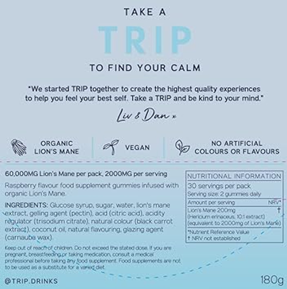 TRIP Lions Mane Gummies, Raspberry, High Strength, 60,000MG Lions Mane per Pack (60 Gummies), Focus Supplement, Vegan, Sugar-Free & 3rd Party Tested TRIP Lions Mane Gummies, Raspberry, High Strength, 60,000MG Lions Mane per Pack (60 Gummies), Focus Supplement, Vegan, Sugar-Free & 3rd Party Tested