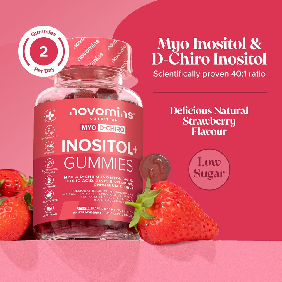 PCOS Supplement Gummies - INOSITOL+ Myo Inositol Inositol Folic Acid Zinc Vitamin B12 B6 Chromium - Hormone Balance for Women - Alternative to Inositol Tablets - 60 Inositol Gummies - Novomins