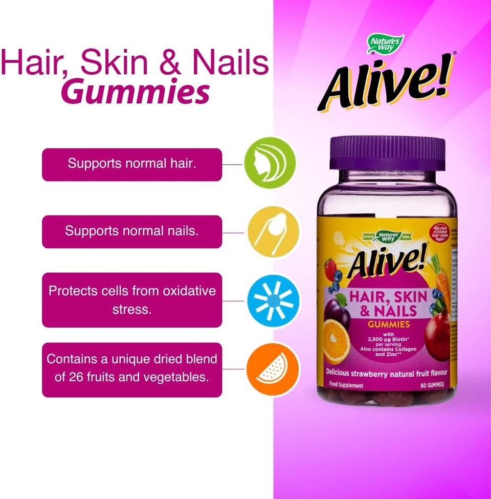 Alive! Hair, Skin & Nails Supplement | Contains 2,500mcg of Biotin | 60 Gummies (1 Month Supply) | Delicious Multivitamin Gummies to Nourish Your Hair, Skin & Nails